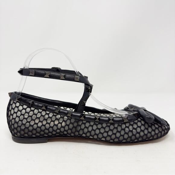 Valentino Rockstud Black Mesh Bow Ballet Flats Size 38.5 - Picture 8 of 13